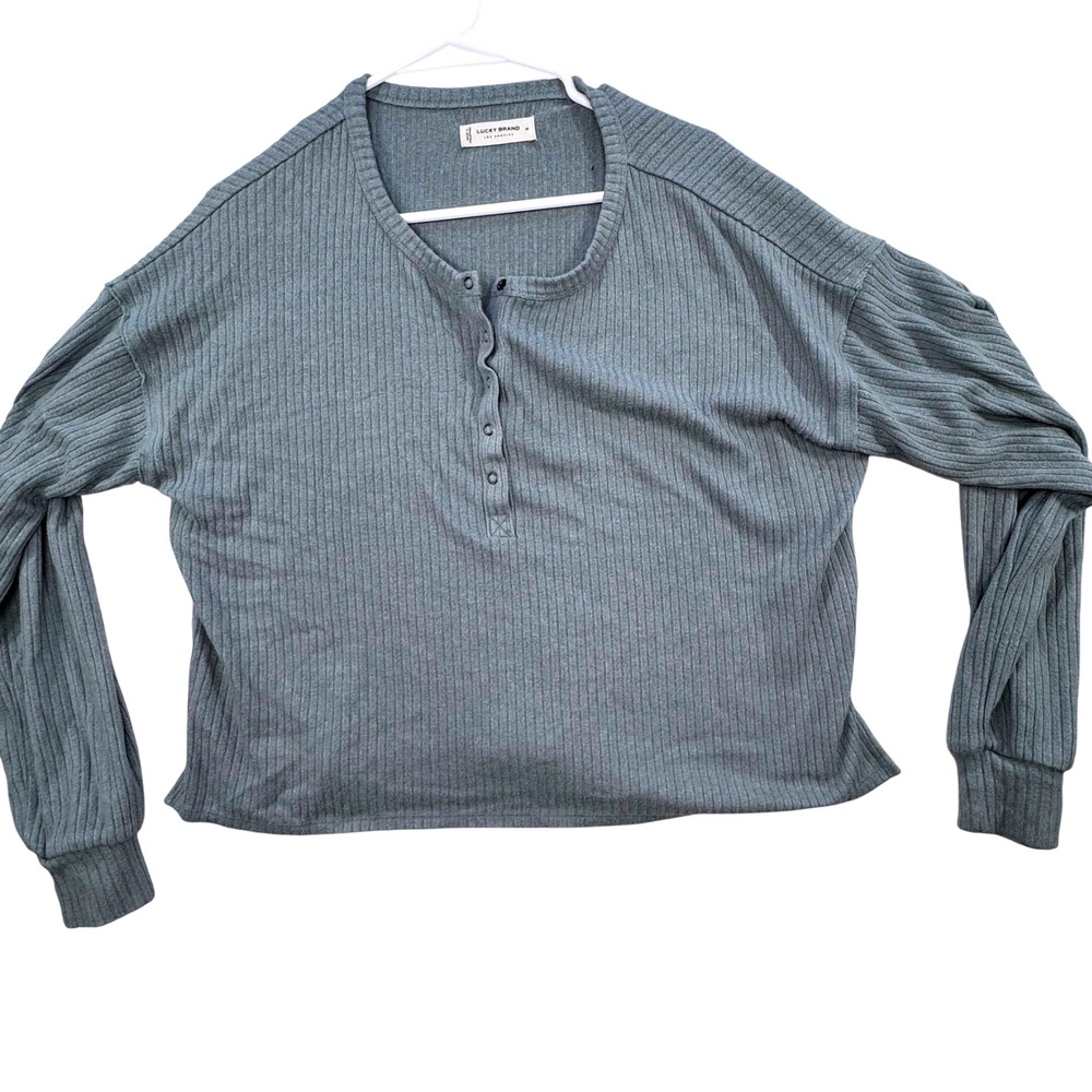 Lucky Brand Henley Top Womens Medium Blue Ribbed Knit Long Sleeve Casual Boho